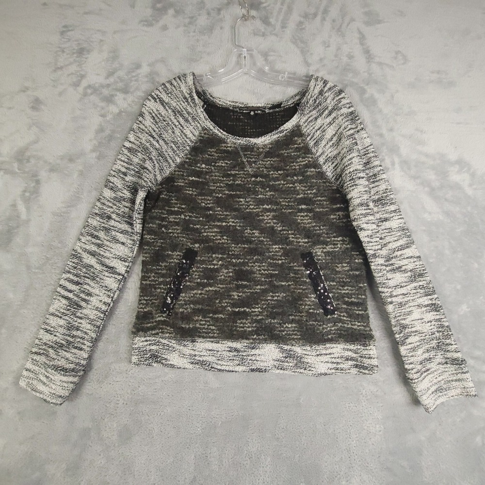 Miss Me Sweater Womens Pullover Elbow Patch Glitter Sequin Pockets Black XS